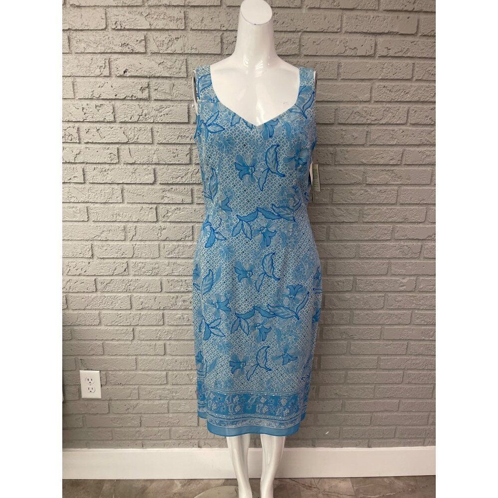 Kelly and Diane Women Blue Floral Sleeveless Sequin Beaded Silk Dress Size 4 NWT